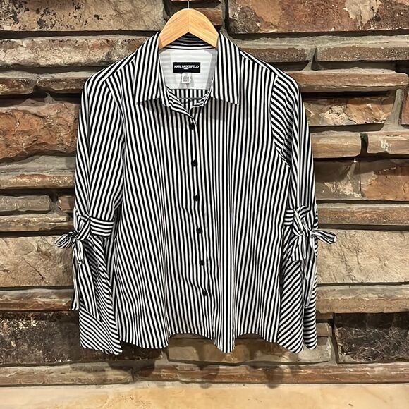 Karl Lagerfeld Paris Black and White Bell Sleeve Button Down Long Sleeve Shirt - Picture 1 of 8